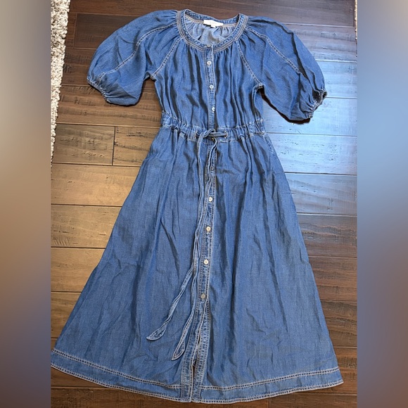 LOFT Denim Long Sleeve cottagecore milkmaid chambray tie waist midi dress size M - Picture 2 of 7
